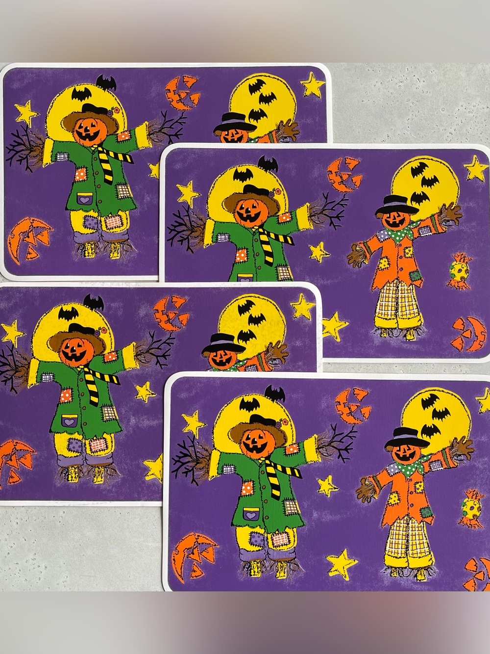 90s Vintage Set of 4 Vinyl Happy Halloween Scarecrow Placemats Jack-o-lanterns